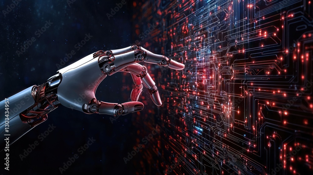 Poster ai-powered robotic hand interacting with a digital screen filled with complex algorithms.