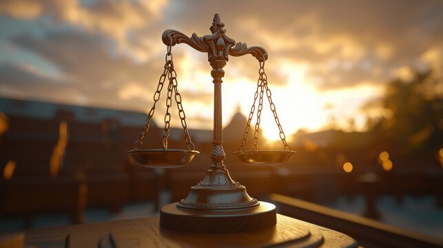 Golden scales of justice at sunset over a city