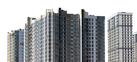 Modern architecture of a high-rise condominium in an urban neighborhood. Multistorey building with a clean facade and windows, designed for residential accommodation. Real estate. Isolated on white