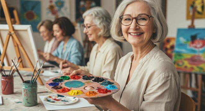 Senior Women Painting in Art Studio - Happy senior women enjoying a painting class together, creating art and socializing