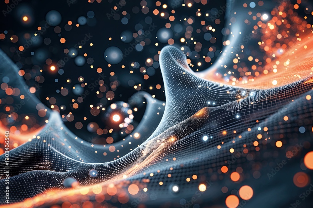 Wall mural high-tech abstract mesh background with floating particles in a digital realm
