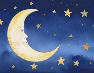Watercolor Crescent Moon with Face and stars AI