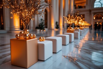 Luxurious corporate brand launch event featuring elegant decor and exclusive golden invitations