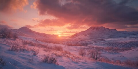 Beautiful snow-covered mountains, a pink sky at sunrise, and stunning clouds create a cinematic