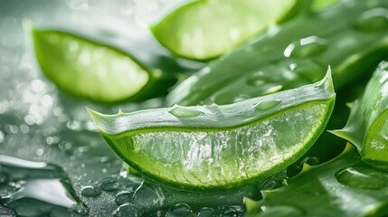 Obraz premium Fresh Aloe Vera Slices with Dew Drops