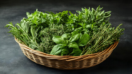 Naklejka premium Fresh Organic Herbs and Vegetables in Wicker Basket - Farm Fresh Harvest Photo Concept