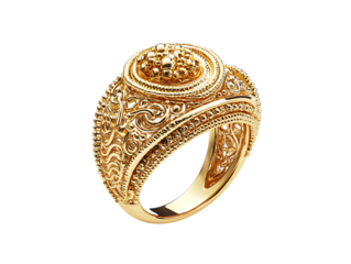 Ornate gold ring with intricate details.