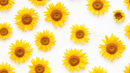 Bright seamless pattern with sunflowers evenly arranged on a white background. Perfect for textile design, wallpapers, and packaging