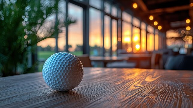 Golf ball on table, sunset view restaurant, golf course background.  Possible use Restaurant marketing, golf promotion