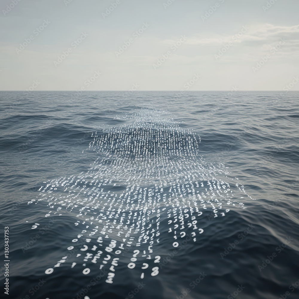 Aufkleber digital data flow over calm ocean surface with binary code representation under blue sky and soft cl