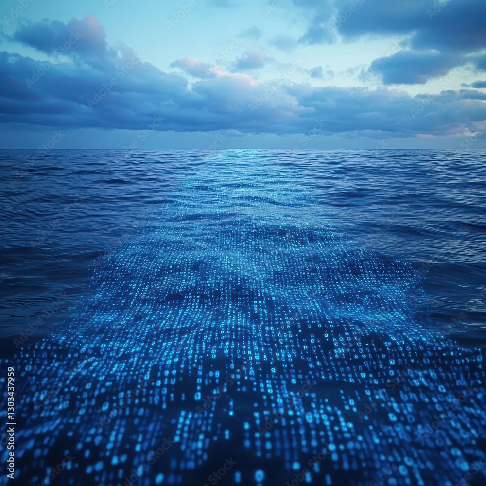 Poster digital ocean waves with binary code representing data connectivity in a surreal seascape under a cl