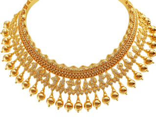 Close up of an ornate gold necklace.