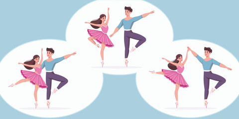 Set with couples of ballerina man and woman dancing on white background. Poster, Banner, Flyer, Greeting Card. Vector illustration in flat cartoon style