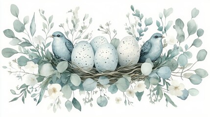 Blue Birds Nestled in Eucalyptus and White Flowers Watercolor Painting
