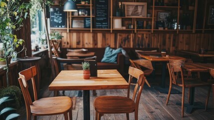 Cozy wooden cafe interior with tables and chairs