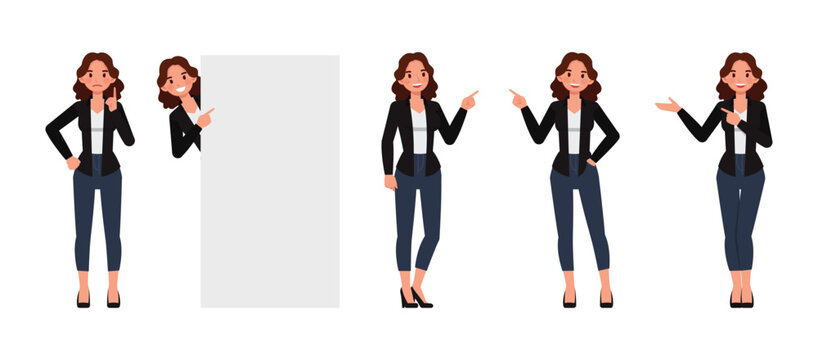 Business woman point finger wear black shirt, long brown curly hair character vector illustration design set. Presentation in various action.