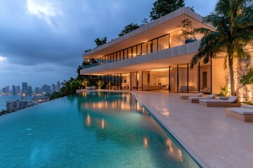 Fototapeta premium Billionaire minimalist home featuring an infinity pool and stunning views near a city skyline at twilight