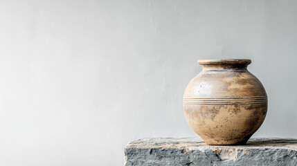dusty mocha mousse colored clay pot sits on stone surface, showcasing its rustic charm and texture