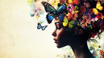 Soft petals and vivid butterflies blend seamlessly into the woman&rsquo;s silhouette, symbolizing beauty, transformation, and nature&rsquo;s harmony.