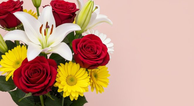 Vibrant Rose Lily Daisy Bouquet - A harmonious blend of red roses, white lilies, and yellow daisies symbolizes love, purity, joy, new beginnings, and friendship