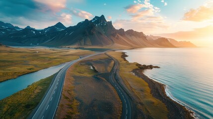 Icelandic Coastal Highway at Sunset: Majestic Mountains, Serene Ocean