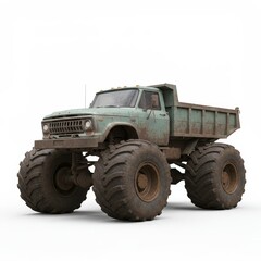 Obraz premium Vintage Monster Truck on White Background - A weathered, teal monster truck, symbolic of strength, resilience, off-road adventures, power, and ruggedness, sits against a clean white backdrop