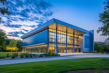 Obraz premium Modern Architectural Marvel: a striking modern building with expansive glass facades, under a vibrant blue and orange sky, epitomizes contemporary design and urban elegance.