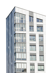 Modern architecture, tall building in urban metropolis. Residential condo with geometric structure, minimalism in design, concrete facade, windows on front. Investment, property, housing,