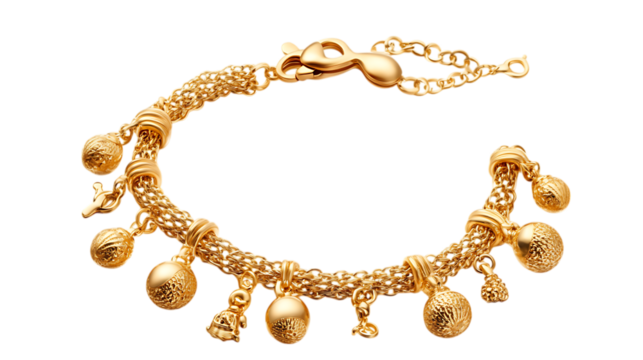 Gold bracelet with ornate design and dangling charms.