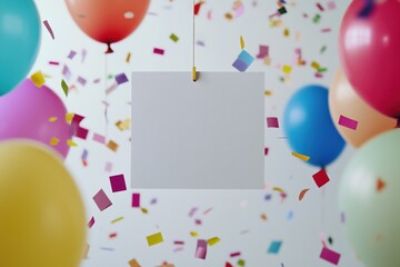 blank card mockup hanging on festive background with colorful balloons. Perfect for invitations, greeting cards, and branding