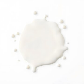 A top-view dreamlike surreal image of a spilled milk puddle and droplets isolated on a white background in soft pastel colors, featuring gentle and soothing aesthetics with fantastical elements_upscay