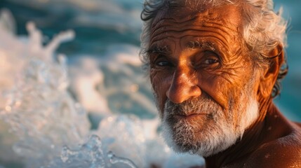 portrait of an elderly male surfer, large ocean wave on the background, tsunami, beach vacation on the ocean, sunny day, active pensioner