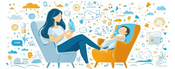 Illustration of parent-child bonding with eco-friendly water bottles and nature motifs
