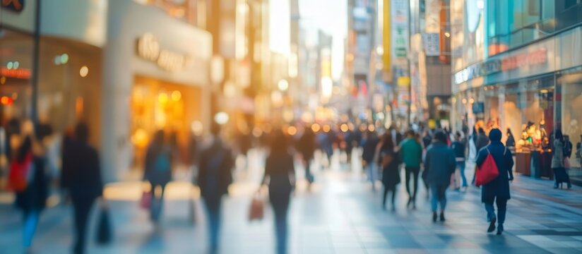 A blurred background of a shopping street in the city with people walking, perfect for retail and urban lifestyle themes.