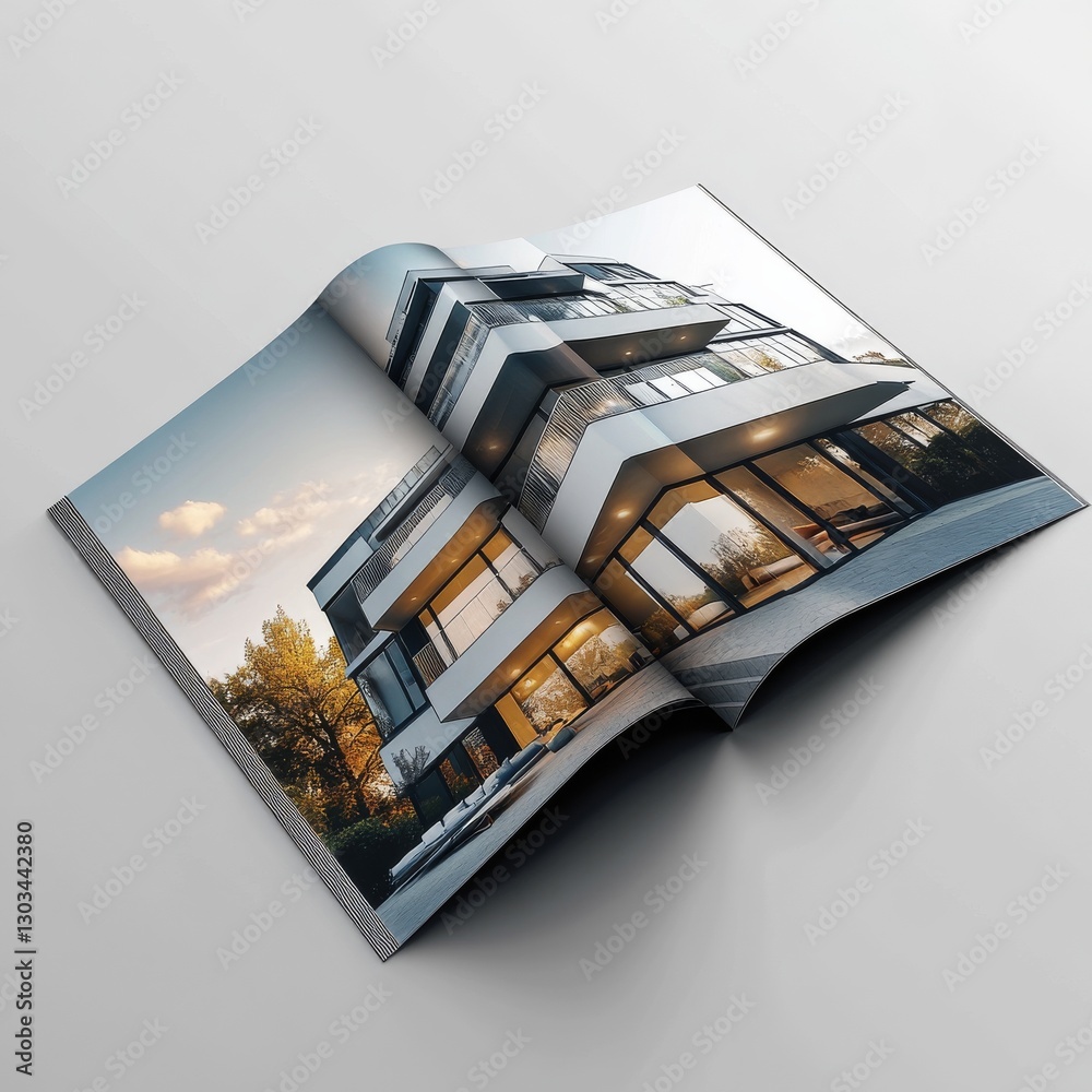 Poster architectural showcase: modern residence displayed in an open magazine format, highlighting design e