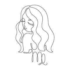 Astrological sign of the zodiac is Virgo, drawn with continuous line in minimalism, abstract, girl head, icon, horoscope symbol , one line, editable vector contour