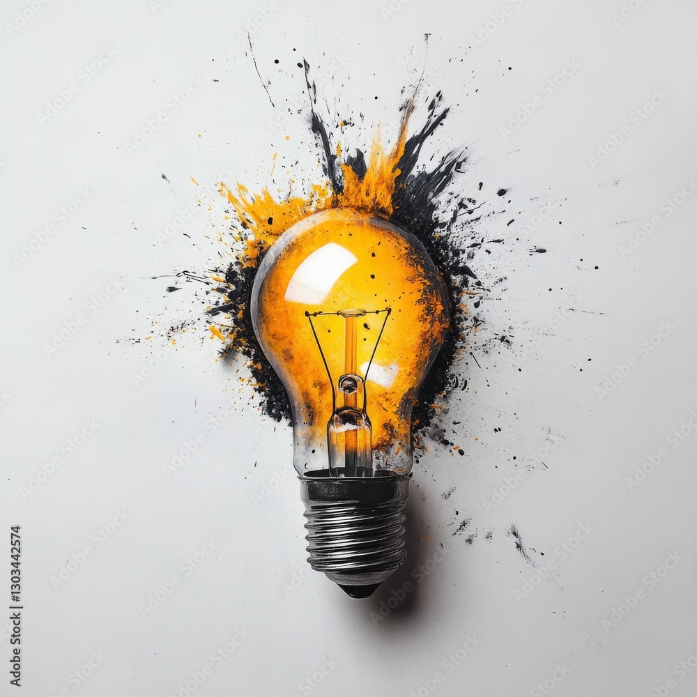 Poster brilliant idea: a light bulb encased in explosive creativity and innovation, blasting through limita