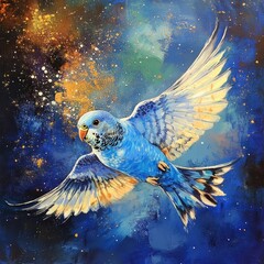 Blue Budgie Ascending: A Vibrant Flight Through a Star-Dusted Galaxy of Painted Dreams and Whispers of Artistry