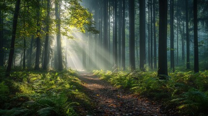 Fototapeta premium Serene Forest Pathway with Sunlight Beams
