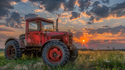 Fototapeta premium Tractor working in the field under a beautiful sunset sky, capturing rural serenity