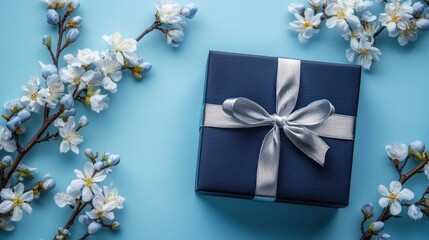 Blue gift box with spring blossoms