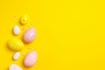 Happy Easter. Colorful eggs on color background, space for text or advertising