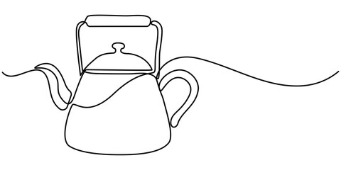 Teapot Sine Teapot Single Line Drawing Vector Illustration with Heart Banner agle Line Drawing Banner with Space, One single line drawing of stainless steel kettle teapot home appliance. Electricity. 