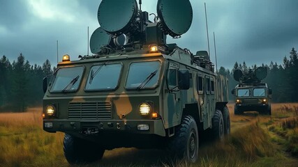 Military vehicles equipped with radar technology maneuver through forest terrain during overcast conditions