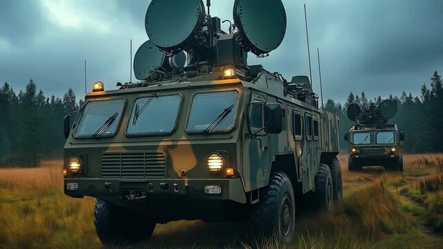Military vehicles equipped with radar technology maneuver through forest terrain during overcast conditions