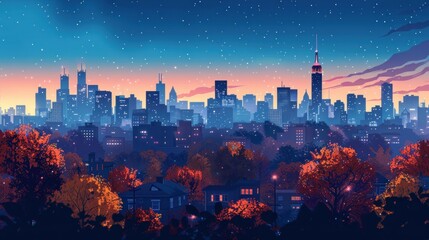 Obraz premium Autumn Evening Cityscape: A Serene Night in the Metropolis