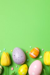 Happy Easter. Colorful eggs on color background, space for text or advertising