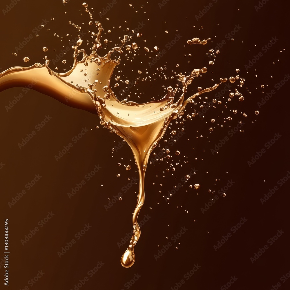 Poster golden liquid splash: high-speed photography capturing fluid motion and light play on brown backgrou
