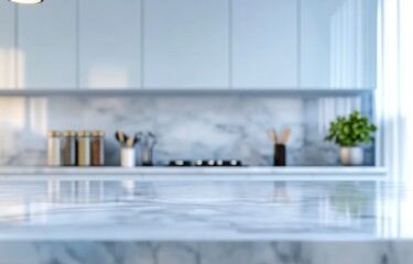 Blurred light blue kitchen interior with a marble countertop for product display, banner design, blurred background of a modern home interior