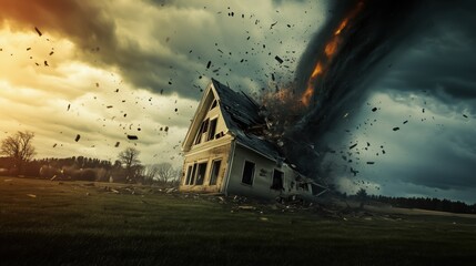 A powerful tornado destroys an abandoned house under a dark stormy sky. Ideal for disaster-related content and environmental themes.